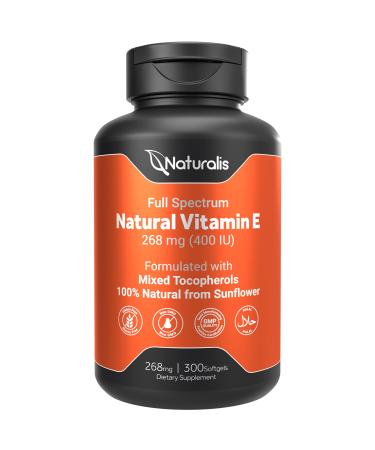Naturalis Sunflower Vitamin E 268mg (400 IU) with Mixed Tocopherols | Essential Skin Vitamin & Immune Support | Non-GMO Soy & Gluten Free | 300 Softgels 300 Count (Pack of 1)