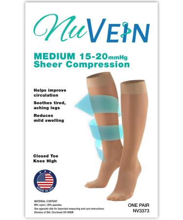 NuVein Sheer Compression Stockings - 15-20 mmHg Support for Women Medium Denier Knee High Closed Toe Beige Large - International Shipping Available - Buy Online on GoSupps.com