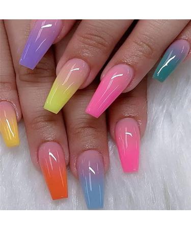 Rainbow Press On Nails Coffin Long Ballerina False Nails Glossy Fake Nails Acrylic Nails Press Ons Full Cover Nails Tips 24PCS Colorful Rainbow