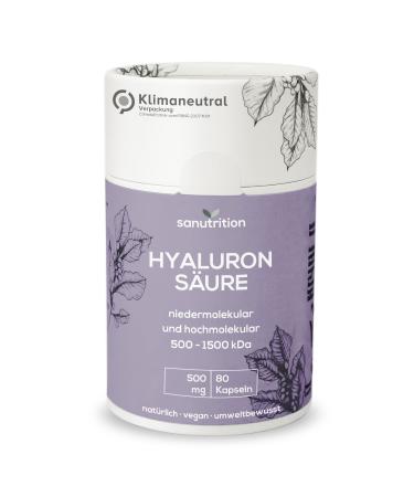 Hyaluronic acid 500 mg per capsule |80 capsules |High dose 500 - 1500 KDA |Low molecular and high molecular shape |Good bioavailability and tolerance |Vegan