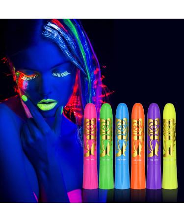 AOOWU Glow UV Neon Glow Face Paint Crayons Kit 6 Colors Safe Non-Toxic UV Glow Neon Face and Body Crayons for Adults Kids Halloween Makeup Party Cosplay - Fluorescent Brightest Glow under UV!
