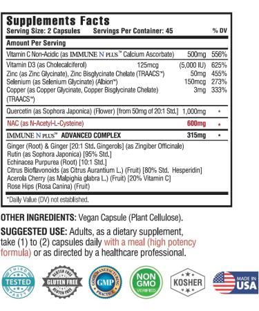 Immune N Plus 13 in 1 Supplement - NAC 600mg, Quercetin 1000mg, Vitamin C 500mg, Zinc 50mg, Vitamin D3 5000iu - 90 Capsules - Buy Online on GoSupps.com
