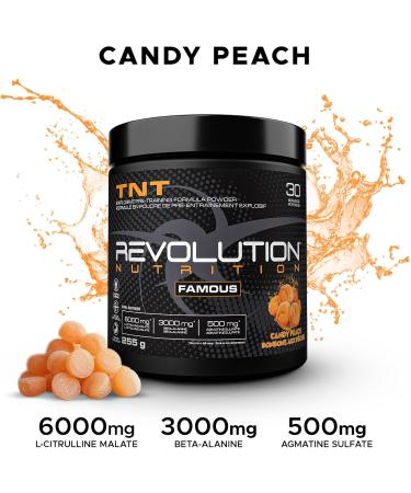 Revolution Nutrition TNT Pre-Workout Powder Pumps & Strength Extreme Intensity Hyper Concentrate Citrulline Malate 2:1 Beta Alanine Agmatine Sulfate Caffeine For Men & Women 255g 30 Servings (Candy Peach 0.56 Pound) - Buy Online on GoSupps.com