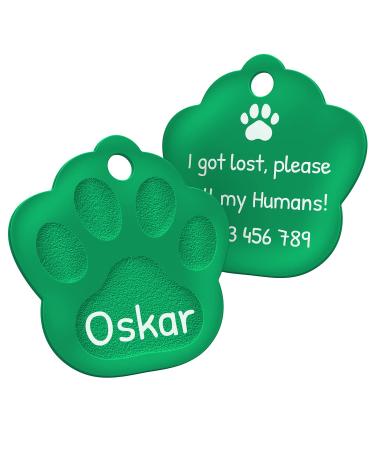 ENGRAVO dog tag paw in green 33mm with your personal engraving and 2 key rings large 33mm green