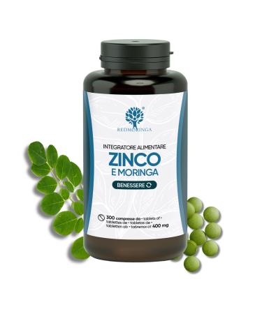 Zinc 15mg Supplement Made in Italy | 300 Vegan Tablets | 100% Daily Zinc NRV | Useful for Acne Immune System Hair Nails | The only one with Moringa BIO RedMoringa