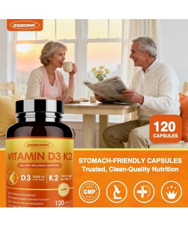 ZEBORA 6-in-1 Upgraded Vitamin D3 K2 Supplement Vitamin D3 5000IU + Vitamin K2 MK7 100mcg for Bone & Immune Support Efficient Absorption Non-GMO 120 Capsules 120 Count (Pack of 1) - Buy Online on GoSupps.com