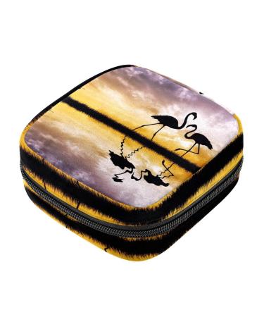 Menstrual Pad Bag with Zipper Ladies Napkin Pouch Tampons Collection Bag for Women and Girls (Flamingos in Love)