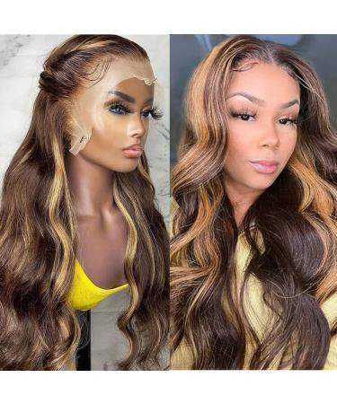 Ombre Colored Wig Human Hair 13x4 Lace Front Wig Transparent Lace Body Wave Wigs 180% Density Brazilian Honey Brown mixed Blonde Human Hair Wigs for Black Women Pre Plucked With Baby Hair 26 Inch 13x4 Highlighted Body Wave…