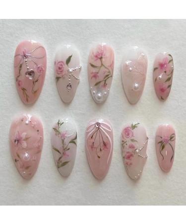 BABALAL Almond Press on Nails Medium Fake Nails Pink Glue on Nails Flower Heart Charm Design Acrylic Nails 24Pcs Coquette Handmade False Nails ANI02