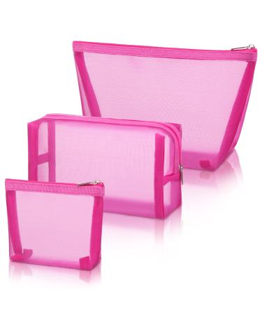 3 Pieces Mesh Cosmetic Bag Mesh Makeup Bags Mesh Zipper Pouch for Offices Travel Accessories, 3 Sizes (Rose Red)