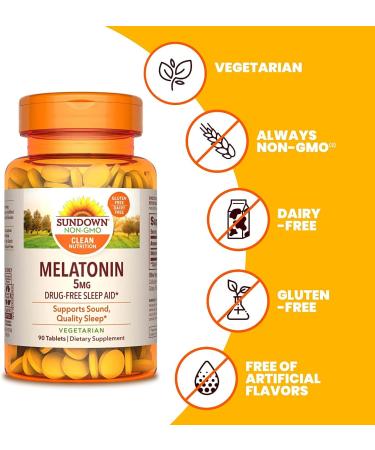 Sundown Naturals Melatonin 5 mg - 90 Sleep Aid Tablets for Restful Sleep - Buy Online on GoSupps.com