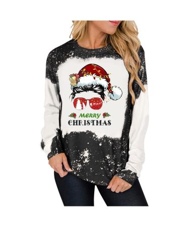 Plus Size T Shirt for Women Autumn Long Sleeve Round Neck Trendy Christmas Theme Holiday Shirts B Black 3X-Large