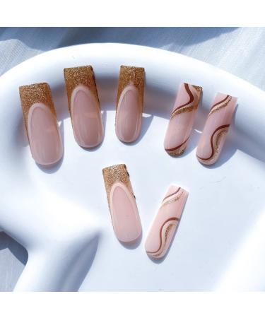 Gold Brown Wave Coffin Press-on Nails - Long Full Cover False Nails for Women - Buy Online on GoSupps.com