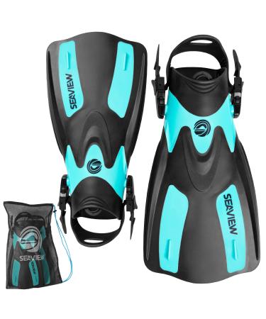 Seaview 180 RAWA Snorkel Fins, Adjustable Swim Fins for Travel, Snorkeling & Diving, Open Heel Short Flippers for Swimming Men & Women Seafoam S/M