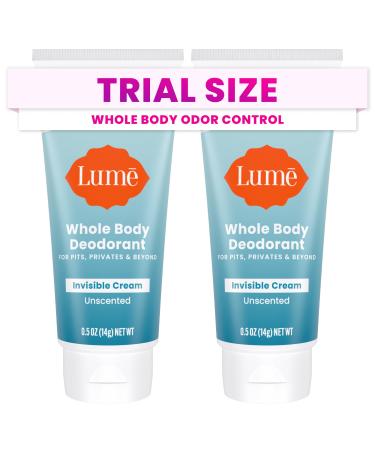 Lume Whole Body Deodorant - Mini Travel Size Invisible Cream Tube - Trial Size - 72 Hour Odor Control - Doctor Developed - Aluminum Free Baking Soda Free - .5oz (Pack of 2) (Unscented)