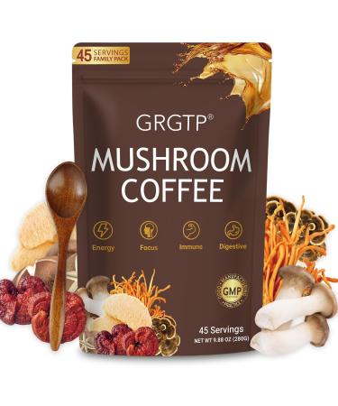 GRGTP Mushroom Coffee - Superfood Blend with 6 Adaptogens (Cordyceps, Lion's Mane, Reishi Other) | Jitter-Free Energy, Enhanced Focus, Digestion & Immunity Support | 45 Servings, Vegan, Gluten Free, Non-GMO | Smooth Flavor