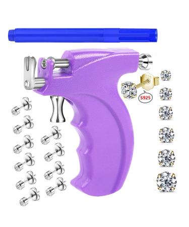 Professional Ear Piercing Gun Kit with 6 Pairs S925 Sterling Silver Earrings (18K Yellow Gold Plated)+10 Pairs 316L Surgical Stainless Steel Gun Stud Earrings for Body Nose Lip Salon Home Use Purple