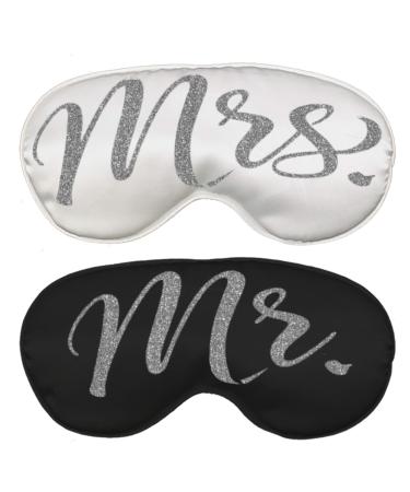 Bride & Groom Sleep Mask Gifts - Set of 2 Luxury Satin Wedding Sleep Masks (1) Mrs. White Mask & (1) Mr. Black Mask - Couples Engagement Gifts Mask(Mrs.Wht/MrBlk) One Size Fits Most Set of 2 (1 White Mrs. Mask & 1 Black Mr. Mask)