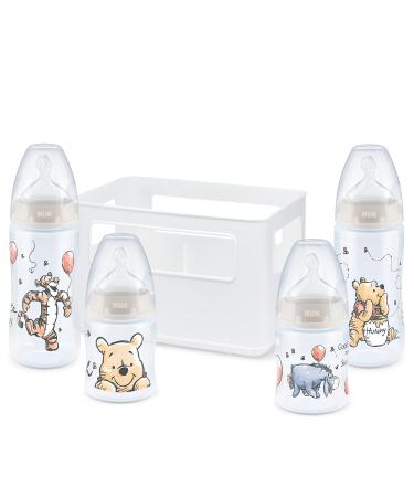 NUK Disney Winnie The Pooh First Choice + Baby Bottle Starter Set 4 Anti-Colic Baby Bottles (2 x 150 ml & 2 x 300 ml) Temperature Control Display Silicone Teat Bottle Box BPA Clear Single
