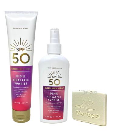 Bath & Body Works Pink Pineapple Sunrise 50 SPF Sunscreen Lotion and Suncreen Spray Duo Set with a Marbela Natural Oats Sample Soap