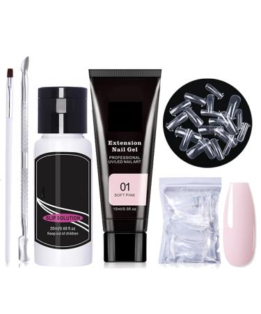 Builder Gel for Nails 5Pcs Poly Gel Nail Kit - 15Ml Soft Pink Nail Gel for Nails Extension 20ML Poly Nail Liquid Durable Nail Forms Tips Gel Extension Gel Kit for Beginner DIY At Home Manicure 01-Soft Pink