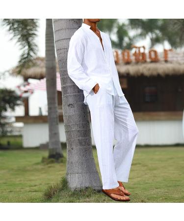 CTU Men's Linen Beach Set: Long Sleeve V-Neck Shirt & Yoga Pant, White - Summer Vacation Essential - Buy Online on GoSupps.com