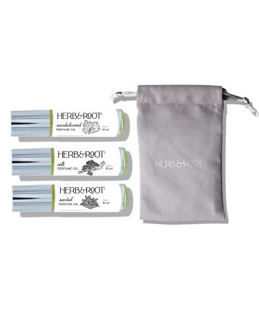 Herb & Root 3 Pc Mini Variety Perfume Set for Women or Men Unisex Aromatherapy Oils Roll Ons Floral Gourmand Woods Earthy Aromatic Citrus (Woods)