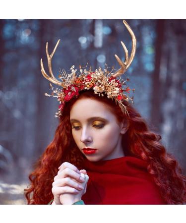MOSTORY Handmade Branches Crown Woodland Antler Headband Fairy Floral Headpiece Deer Horns Hair Garland for Adults Witch Cosplay Costume Accessory Party Wedding Maternity Photography Golden Red - Buy Online on GoSupps.com
