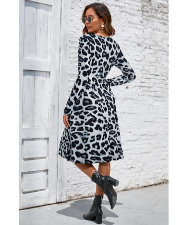 OUGES Women's Spring Casual Midi Dress with Long Sleeve V-Neck and Floral Print - S Leopard02 - Buy Online on GoSupps.com
