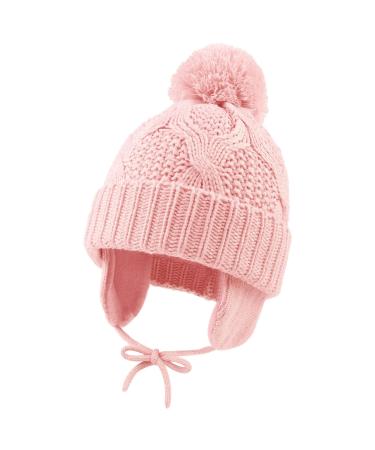 Pesaat Knitted Baby Winter Beanie Earflap Warm Hat for Infant Toddler Boys Girls Fleece Lined Beanies with Pompom 0-6 Months Skin Pink