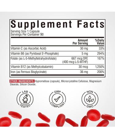 Iron Supplement for Women & Men with Vitamins C B6 B12 & Folate & Iron Supplement 65mg with Vitamin C Stomach Friendly Carbonyl Iron 90Caps&90Tabs - Buy Online on GoSupps.com