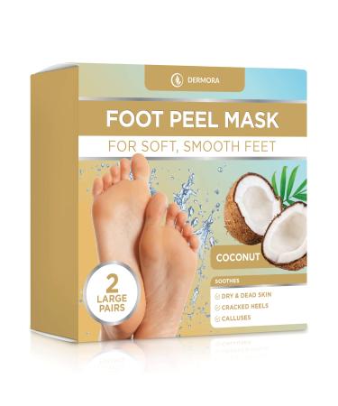 Dermora Foot Peel Mask - 2 Pack of Large Skin Exfoliating Foot Masks for Dry, Cracked Feet, Callus, Dead Skin Remover - Feet Peeling Mask for Soft Baby Feet, Coconut Scent