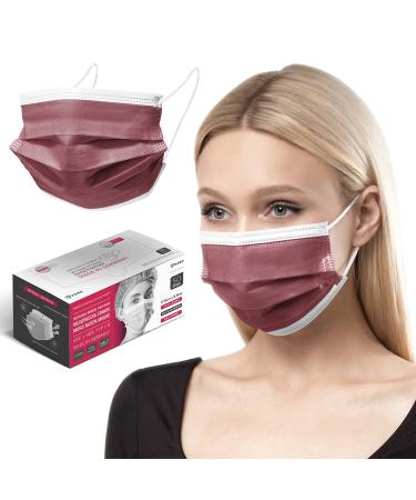 HARD 100 pieces Disposable Face Masks | Made in Germany | Type IIR & CE certified | Breathable Triple Layer - Filtration 99 78% | Elastic Earloops | Mouth Cover - Adults - Bordeaux Earloop Bordeaux