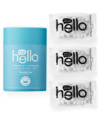 Hello Antiplaque & Teeth Whitening Sustainable Toothpaste Tablets, Eco Friendly Toothpaste Tablets for Refilling, Fluoride Free, Natural Peppermint Flavor, 3 Compostable Pouches, 180 Tablets Total 3 pack refill