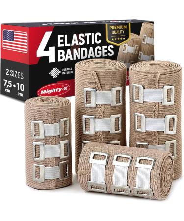 Premium Compression Bandage - 4pk (2x7.5cm + 2x10cm) +12 Extra Clips - Durable Elastic Bandage Wrap - Reusable Elasticated Bandage - Stretches up to 4.6m 4 Piece Set
