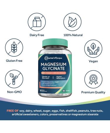Doctor's Recipes Magnesium Glycinate Chelated Magnesium with High Absorption & Non-Buffered Easy on Stomach No Gluten Bone Nerve & Energy Support 90 Tablets - Buy Online on GoSupps.com