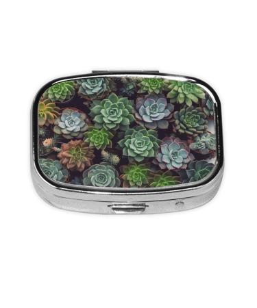 Succulent Plants Printing 2 Compartment Small Pill Case Cute Small Pill Box Purse Pill Boxs Travel Pill Organizer for Pocket Purse and Travel Gifts