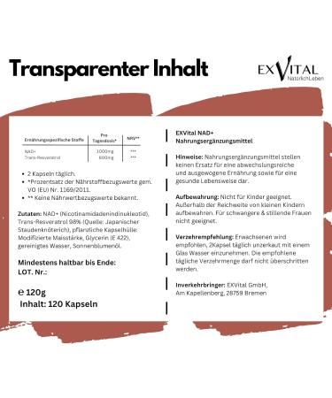 EXVital NAD+ 1000 mg NAD+ & 600 mg transresveratrol per day 120 vegan softgels liposomal & maximum bioavailability high dose & laboratory tested - Buy Online on GoSupps.com
