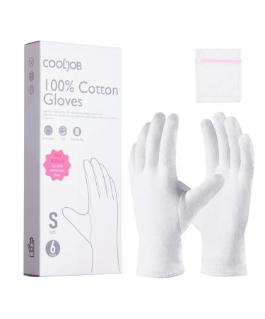 COOLJOB White Cotton Gloves for Women and Men 6 Pairs Eczema Gloves with a Free Wash Bag 100% Cotton Moisturising Protective Gloves for Dry Hands Jewelry Inspection (6 Pairs Size XS-S)