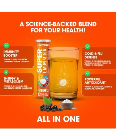 nutrazul Super Immune 30 Effervescent Tablets 20 Vitamins & Minerals Herbal Extracts to Support Daily Routine Vitamin C Zinc Elderberry & Echinacea Gluten-Free Sugar-Free Orange Flavor - Buy Online on GoSupps.com