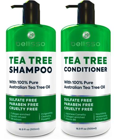 Tea Tree Oil Shampoo and Conditioner Set - Anti Dandruff Sulfate and Paraben Free Itchy and Dry Scalp Treatment with Keratin, Vitamin B5, Collagen, Men and Women, 2 x 16.9 Fl Oz