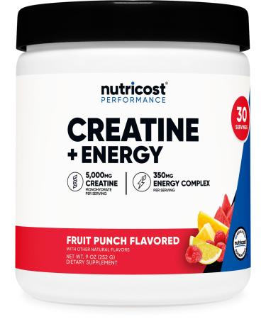 Nutricost Creatine + Energy 30 Servings (Fruit Punch Flavored) - 5 000mg Creatine Monohydrate + 350mg Energy Complex Per Serving