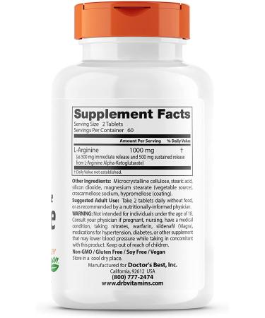 Doctorâ€™s Best L-Arginine 500 mg - Sustained & Immediate Release, 120 Bilayer Tablets - Buy Online on GoSupps.com
