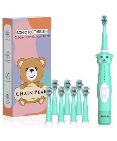 CHAIN PEAK Kids Sonic Electric Toothbrush Cute Bear Rechargeable Toothbrush for Children Boys Girls Age 3-12 with 30s Reminder 2 Min Timer 5 Modes 8 Brush Heads Bear Toothbrush Green+8 Heads
