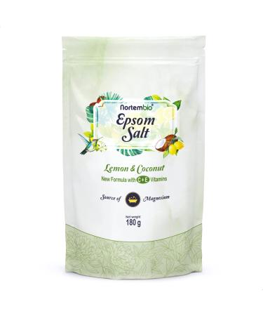 Nortembio Epsom Salt 180 g.Novel fragrance of lemon and coconut.Hydrated with vitamin C and E. swimming salt and body care.E-book inclusive.