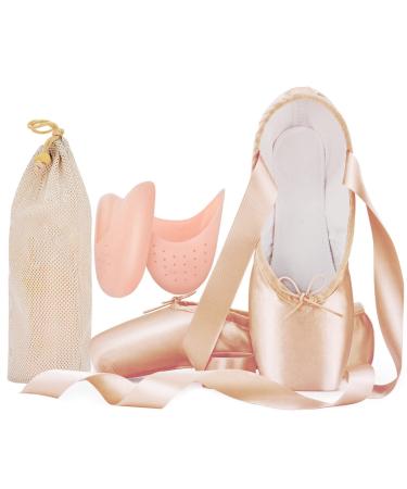 IJONDA Adult Ballet Pointe Shoes for Girls Women with Toe Pads and Mesh Bag 7 Pink