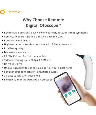 Remmie Health Wireless Otoscope Ear Camera | FDA Registered | Pediatrician Recommended | Adjustable LED Light | Inspection Camera for Throat, Skin, Nose | Built-in Mobile App - Buy Online on GoSupps.com
