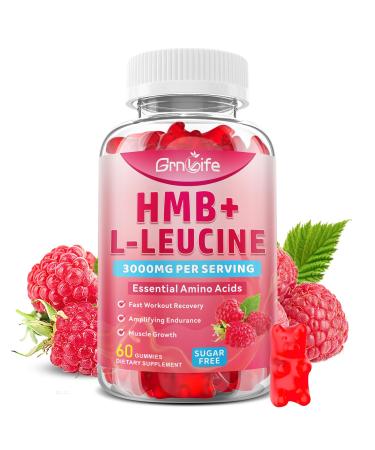 GrnLife HMB and L-Leucine Gummies HMB and Leucine Amino Acid for Adults & Elder for Muscle Growth Muscle Relief and Workout Recovery Sugar-Free Raspberry Flavor 60