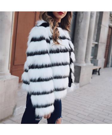 Women's Elegant Cropped Faux Fur Party Coat - Black & White Stripe Colorblock - Size XL - Buy Online on GoSupps.com
