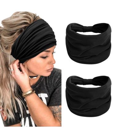 TERSE 2 Packs Headbands for Women Boho Extra Wide 7 Black Head Bands African Knotted Non Slip Fashion Hair Band Stretch Yoga Workout Running Gym Hairbands Turban Bandana for Girls Color-D